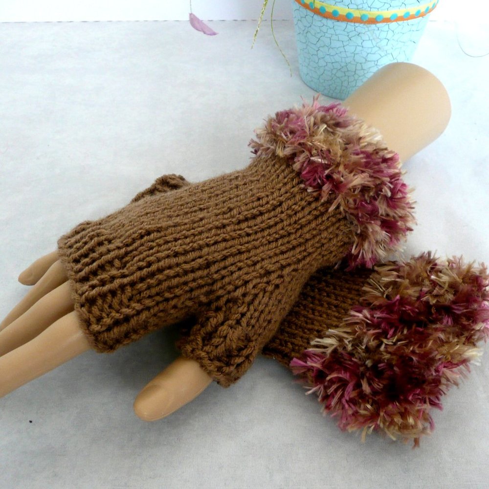 Hand Knit Faux Fur Wrist Fingerless Gloves Brown Tan Pink